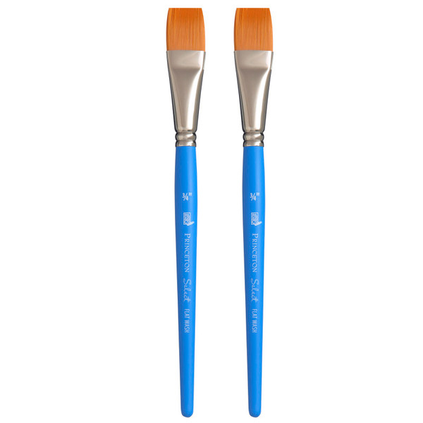 Princeton Select Artiste Flat Wash Brush, Synthetic Bristles, Short Handle Mixed Media Paintbrush, Jewel Blue, Size 3/4 Inch, Pack Of 2 PBXP3750FW075-2
