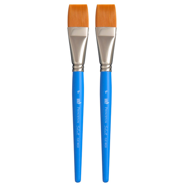 Princeton Select Artiste Flat Wash Brush, Synthetic Bristles, Short Handle Mixed Media Paintbrush, Jewel Blue, Size 1 Inch, Pack Of 2 PBXP3750FW100-2