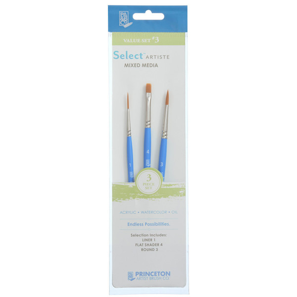 Princeton Select Artiste Brush Set No. 3, Synthetic Bristles, Short Handle Mixed Media Paintbrush, Jewel Blue, 3 Pieces PBXP3750SET103