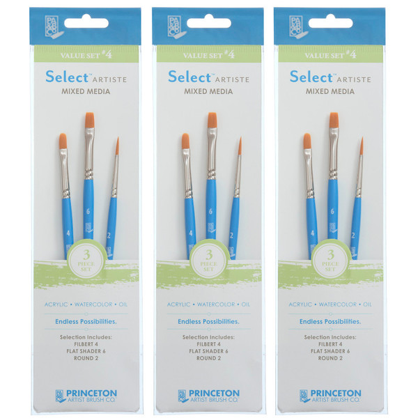 Princeton Select Artiste Brush Set No. 4, Synthetic Bristles, Short Handle Mixed Media Paintbrush, Jewel Blue, 3 Per Set, 3 Sets PBXP3750SET104-3