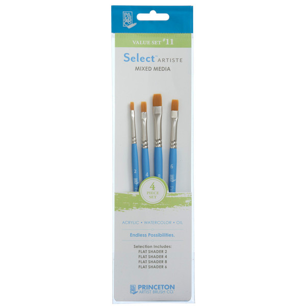Princeton Select Artiste Brush Set No. 11, Synthetic Bristles, Short Handle Mixed Media Paintbrush, Jewel Blue, 4 Pieces PBXP3750SET111