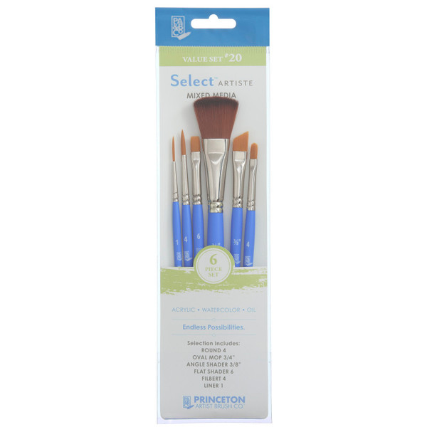 Princeton Select Artiste Brush Set No. 20, Synthetic Bristles, Short Handle Mixed Media Paintbrush, Jewel Blue, 6 Pieces PBXP3750SET120