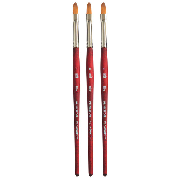 Princeton Velvetouch Filbert Brush, Synthetic Bristles, Short Handle Mixed Media Paintbrush, Scarlet, Size 6, Pack Of 3 PBXP3950FB6-3