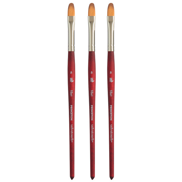 Princeton Velvetouch Filbert Brush, Synthetic Bristles, Short Handle Mixed Media Paintbrush, Scarlet, Size 8, Pack Of 3 PBXP3950FB8-3