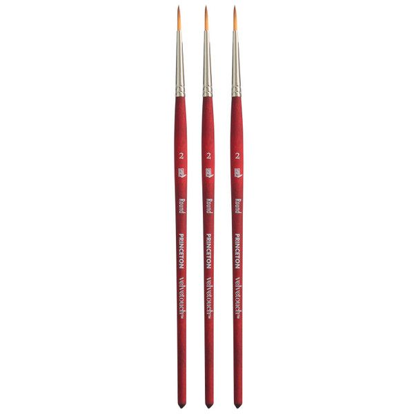 Princeton Velvetouch Round Brush, Synthetic Bristles, Short Handle Mixed Media Paintbrush, Scarlet, Size 2, Pack Of 3 PBXP3950R2-3