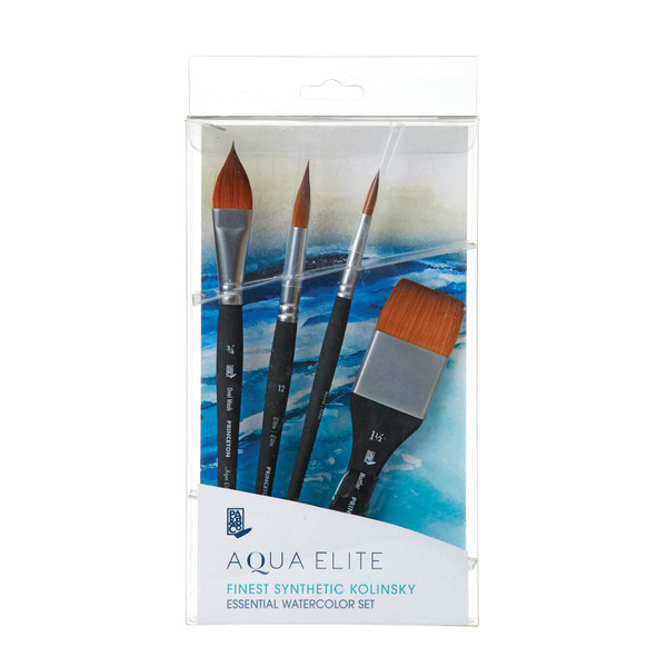 Princeton Aqua Elite Brush Box Set, Synthetic Bristles, Short Handle Watercolor Paintbrush, Matte Black, 4 Pieces PBXP4850BSET