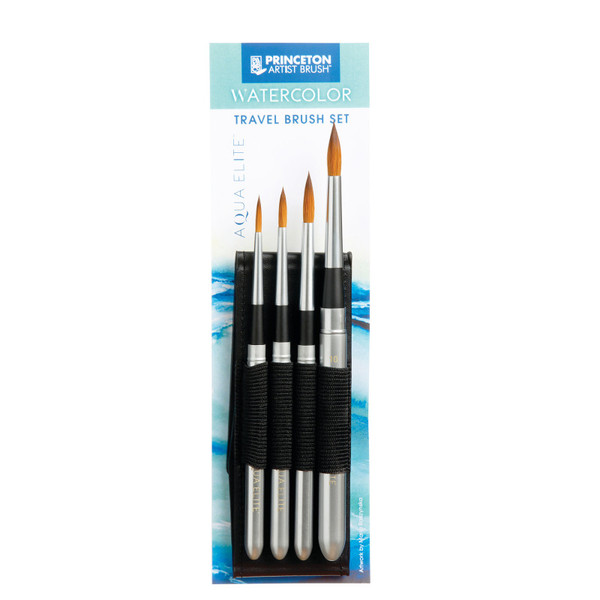 Princeton Aqua Elite Brush Travel Set, Synthetic Bristles, Short Handle Watercolor Paintbrush, Matte Black, 4 Pieces PBXP4850TRSET