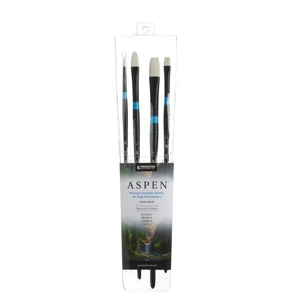 Princeton Aspen Brush Set, Synthetic Bristles, Long Handle Acrylic & Oil Paintbrush, Black, 4 Pieces PBXP6500SET400