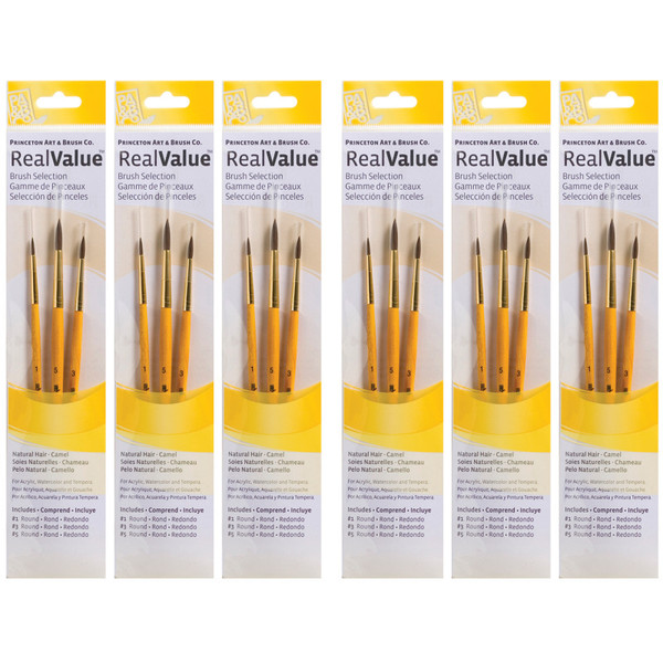 Princeton Realvalue Round Brush Set, Camel Bristles, Short Handle Mixed Media Paintbrush, Yellow, 3 Per Set, 6 Sets PBXPR9100-6