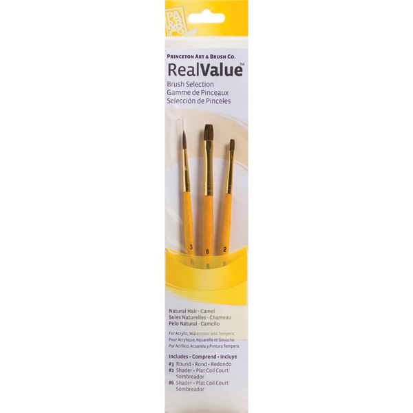 Princeton Realvalue Brush Set, Camel Bristles, Short Handle Mixed Media Paintbrush, Brown, 3 Pieces PBXPR9101