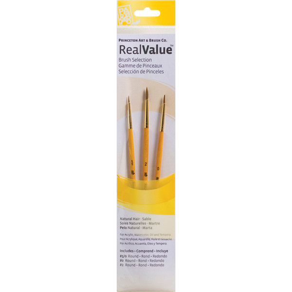 Princeton Realvalue Round Brush Set, Camel Bristles, Short Handle Mixed Media Paintbrush, Yellow, 3 Pieces PBXPR9105