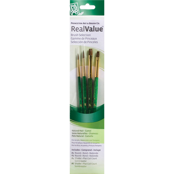 Princeton Realvalue Brush Set, Camel Bristles, Short Handle Mixed Media Paintbrush, Green, 4 Pieces PBXPR9110