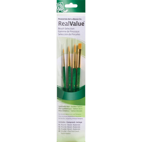 Princeton Realvalue Brush Set, Gold Taklon Bristles, Short Handle Mixed Media Paintbrush, Brown, 4 Pieces PBXPR9115