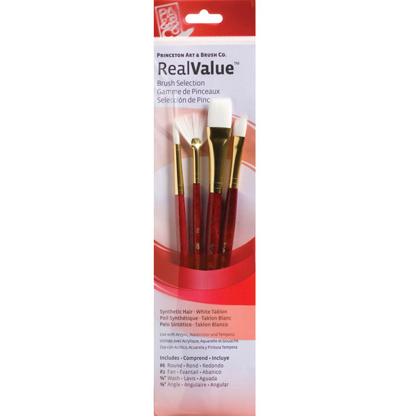 Princeton Realvalue Brush Set, White Taklon Bristles, Short Handle Mixed Media Paintbrush, Red, 4 Pieces PBXPR9120