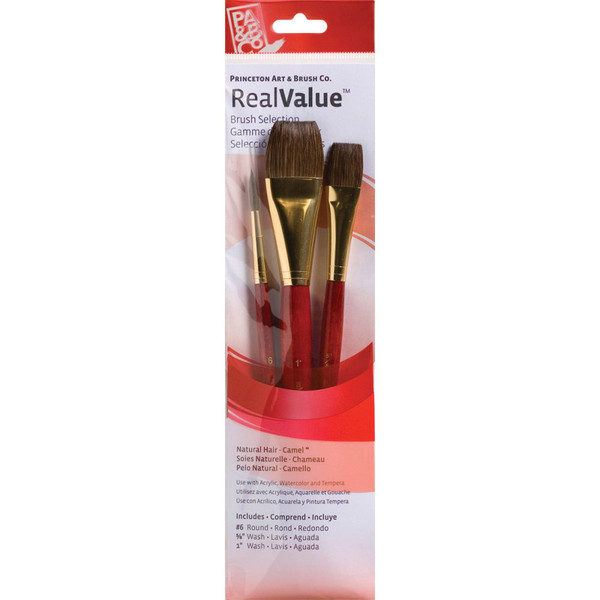 Princeton Realvalue Brush Set, Camel Bristles, Short Handle Mixed Media Paintbrush, Red, 3 Pieces PBXPR9122