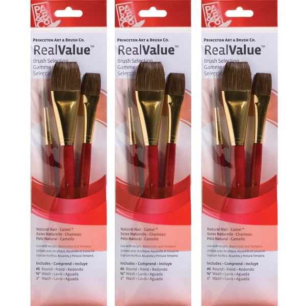 Princeton Realvalue Brush Set, Camel Bristles, Short Handle Mixed Media Paintbrush, Red, 3 Per Set, 3 Sets PBXPR9122-3