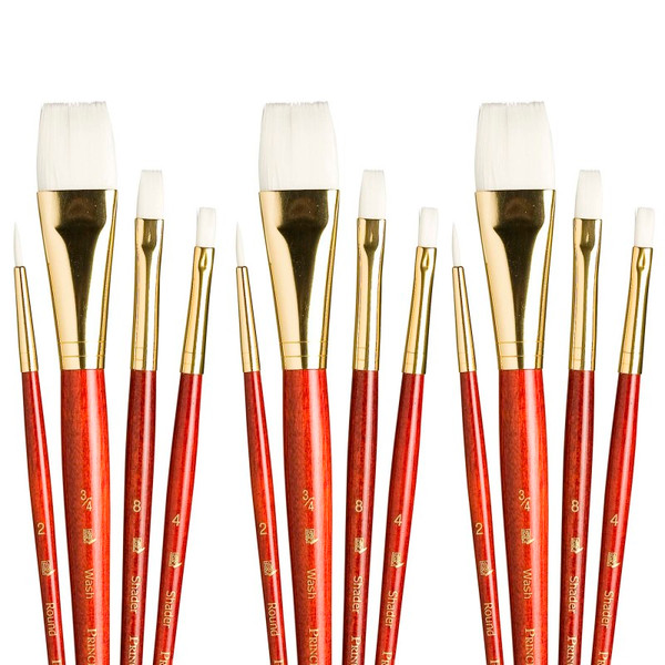 Princeton Realvalue Brush Set, White Taklon Bristles, Short Handle Mixed Media Paintbrush, Red, 4 Per Set, 3 Sets PBXPR9125-3