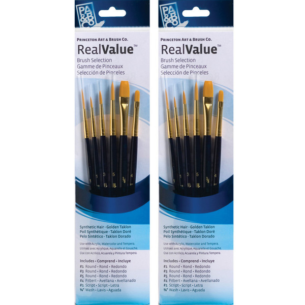 Princeton Realvalue Brush Set, Gold Taklon Bristles, Short Handle Mixed Media Paintbrush, Dark Blue, 6 Per Set, 2 Sets PBXPR9132-2
