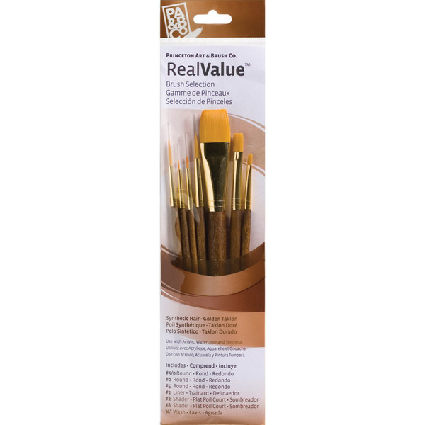 Princeton Realvalue Brush Set, Gold Taklon Bristles, Short Handle Mixed Media Paintbrush, Brown, 7 Pieces PBXPR9141