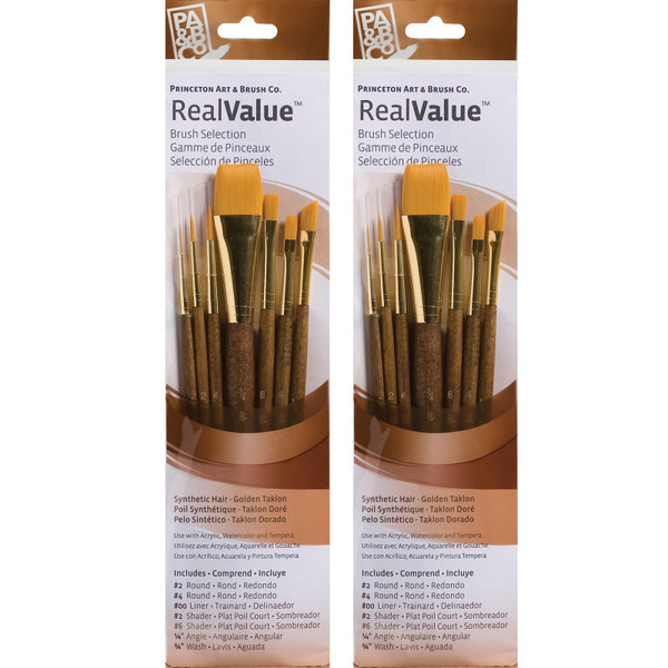 Princeton Realvalue Brush Set, Gold Taklon Bristles, Short Handle Mixed Media Paintbrush, Brown, 7 Per Set, 2 Sets PBXPR9143-2