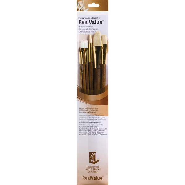Princeton Realvalue Brush Set, Natural Bristles, Long Handle Mixed Media Paintbrush, Brown, 6 Pieces PBXPR9148