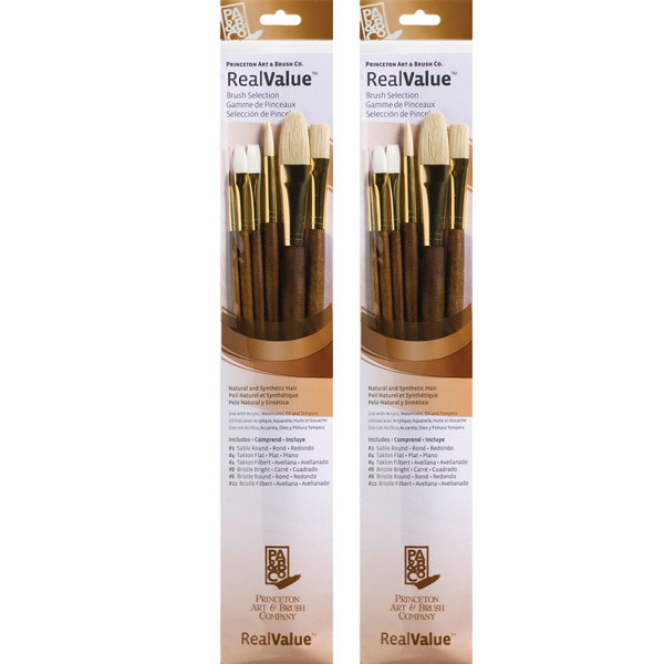 Princeton Realvalue Brush Set, Natural Bristles, Long Handle Mixed Media Paintbrush, Brown, 6 Per Set, 2 Sets PBXPR9148-2