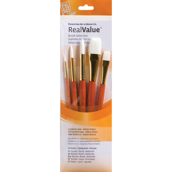 Princeton Realvalue Brush Set, White Taklon Bristles, Short Handle Mixed Media Paintbrush, Orange, 5 Pieces PBXPR9152