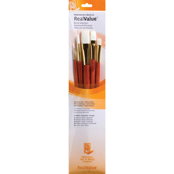 Princeton Realvalue Brush Set, White Taklon Bristles, Long Handle Mixed Media Paintbrush, Orange, 5 Pieces PBXPR9155