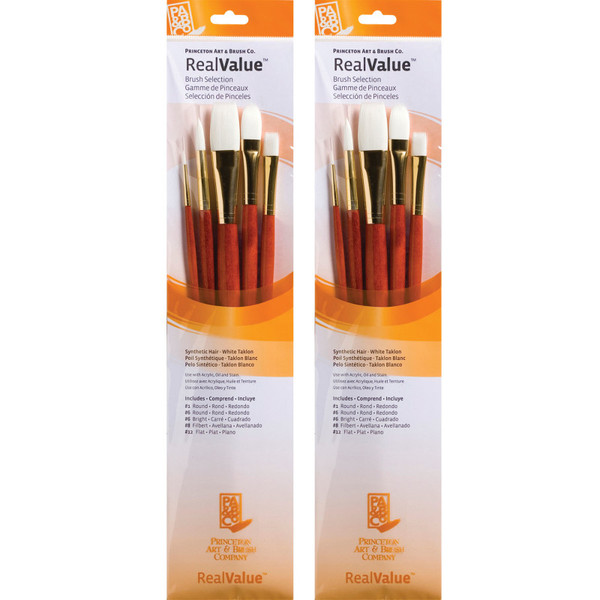 Princeton Realvalue Brush Set, White Taklon Bristles, Long Handle Mixed Media Paintbrush, Orange, 5 Per Set, 2 Sets PBXPR9155-2
