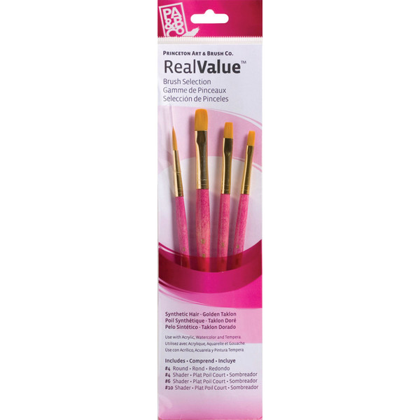 Princeton Realvalue Brush Set, Gold Taklon Bristles, Short Handle Mixed Media Paintbrush, Pink, 4 Pieces PBXPR9181