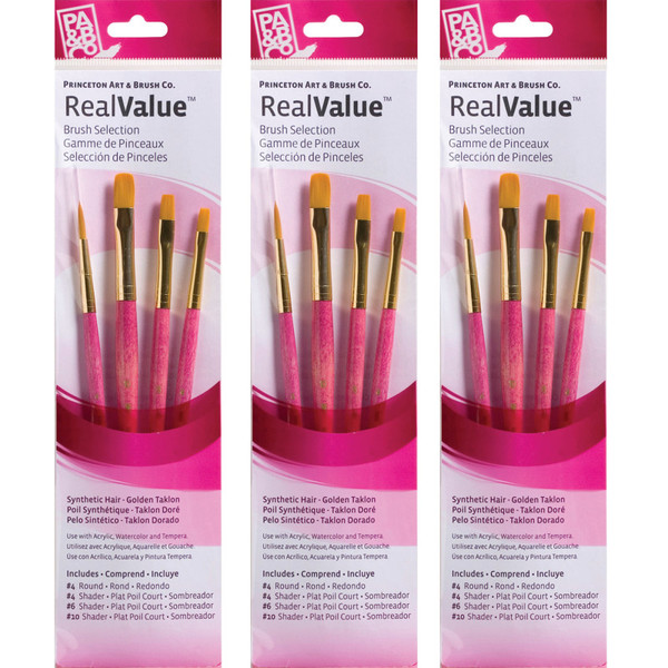 Princeton Realvalue Brush Set, Gold Taklon Bristles, Short Handle Mixed Media Paintbrush, Pink, 4 Per Set, 3 Sets PBXPR9181-3