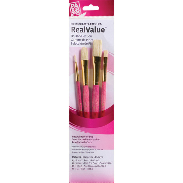 Princeton Realvalue Brush Set, Natural Bristles, Short Handle Mixed Media Paintbrush, Pink, 4 Pieces PBXPR9183