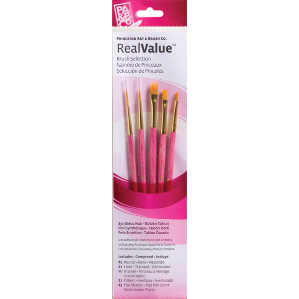 Princeton Realvalue Brush Set, Gold Taklon Bristles, Short Handle Mixed Media Paintbrush, Pink, 5 Pieces PBXPR9184