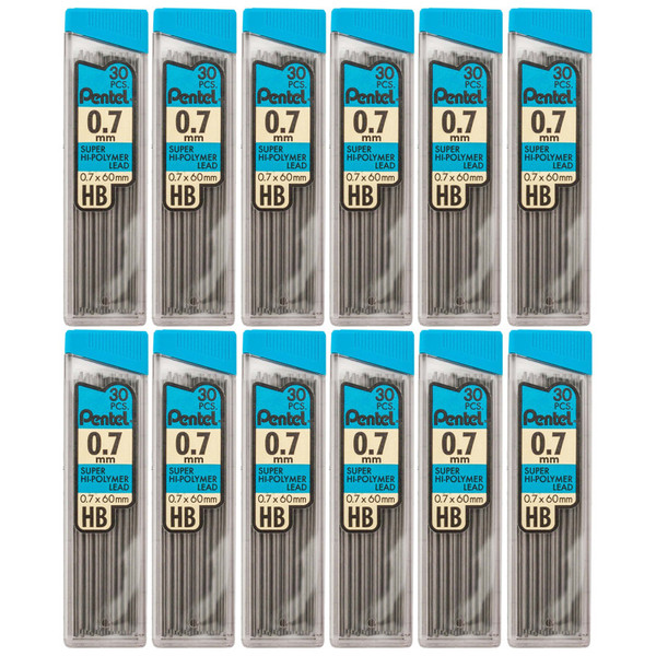 Pentel Hb Super Hi-Polymer Leads, 0.7Mm, Black, 30 Leads Per Pack, 12 Packs PENC27HB-12