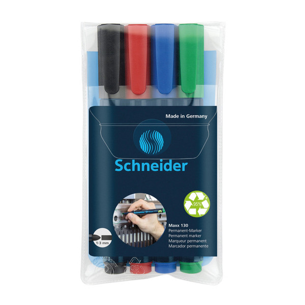 Schneider Maxx 130 Permanent Markers, 1 + 3 Mm Bullet Tip, 4 Assorted Ink Colors (Black, Red, Blue, Green) PSY113094