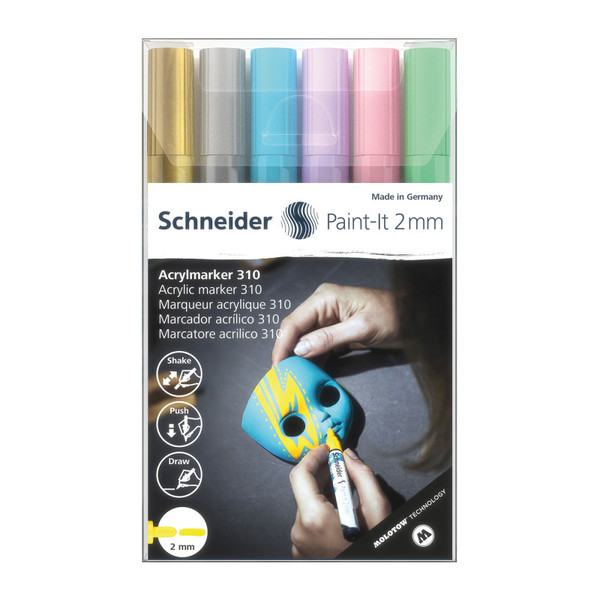 Schneider Paint-It 310 Acrylic Markers, 2 Mm Bullet Tip, Wallet, 6 Assorted Pastel Ink Colors PSY120196