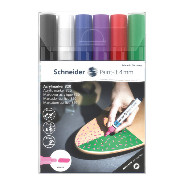 Schneider Paint-It 320 Acrylic Markers, 4 Mm Bullet Tip, Wallet, 6 Assorted Ink Colors PSY120295