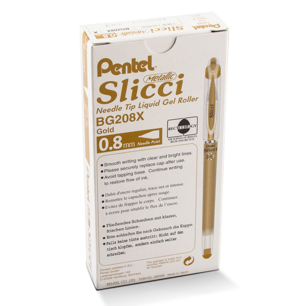 Pentel Slicci Metallic (0.8Mm) Needle Tip Med Gel Pen, Gold Metallic Ink, Pack Of 12 PTABG208X
