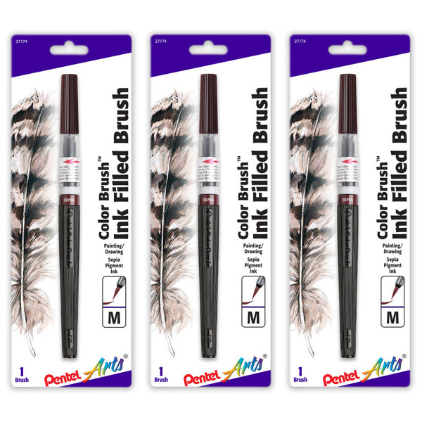 Pentel Color Brush With Water-Based Ink, Medium Tip, Sepia, Pack Of 3 PTAGFLBP141-3