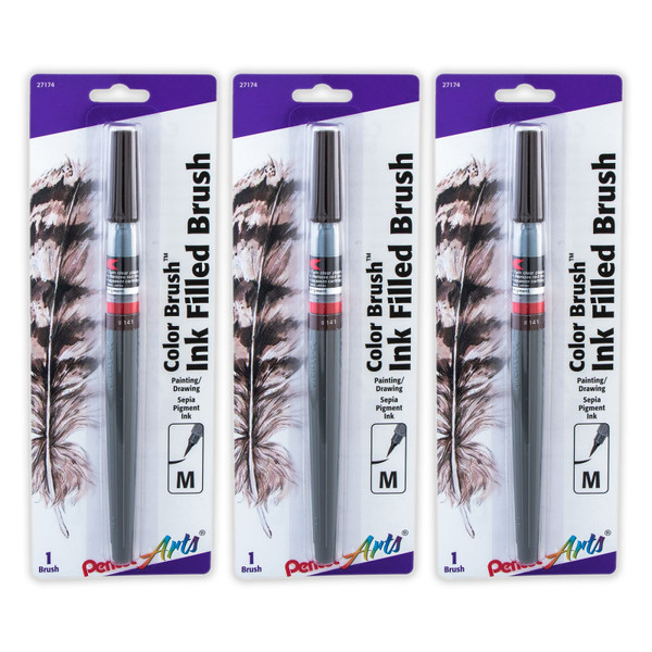 Pentel Color Brush With Pigment Ink, Medium Tip, Sepia, Pack Of 3 PTAGFPBP141-3