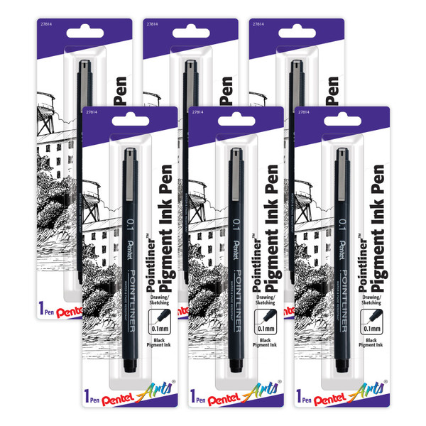 Pentel Pointliner Pen, 0.1Mm, Black Pigment Ink, Pack Of 6 PTAS20P1BPA-6