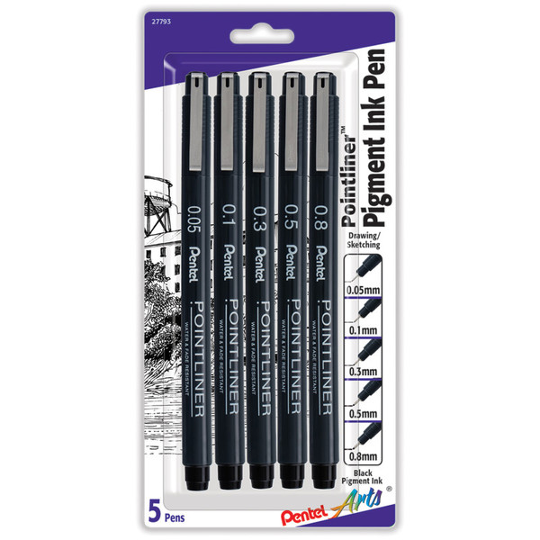 Pentel Pointliner Pen, Assorted Sizes, Black Pigment Ink, 5-Pack PTAS20PBP5A