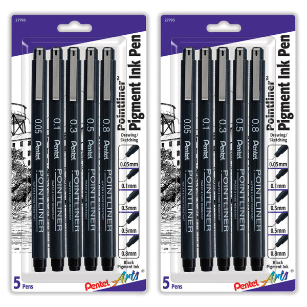 Pentel Pointliner Pen, Assorted Sizes, Black Pigment Ink, 5 Per Set, 2 Sets PTAS20PBP5A-2