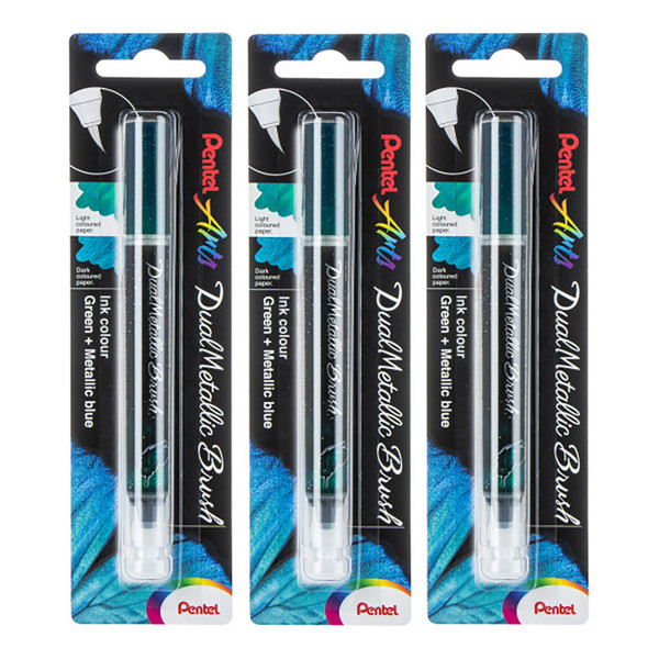 Pentel Dualmetallic Brush, Green/Metallic Blue Ink, Pack Of 3 PTAXGFHBPDDX-3