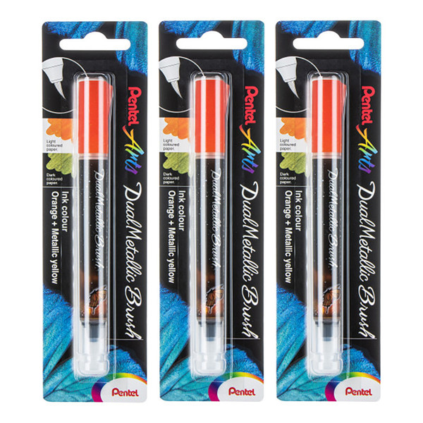 Pentel Dualmetallic Brush, Orange/Metallic Yellow Ink, Pack Of 3 PTAXGFHBPDFX-3