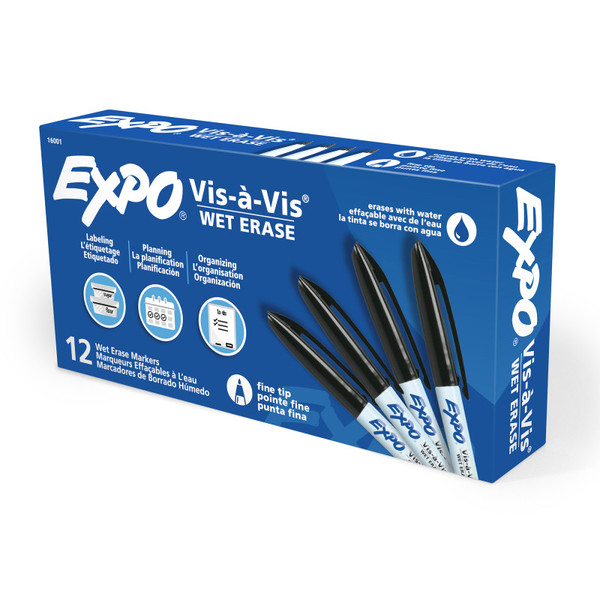Expo Vis-A-Vis Wet-Erase Overhead Transparency Markers, Fine Tip, Black, Box Of 12 SAN16001BX