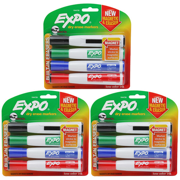 Expo Magnetic Dry Erase Markers With Eraser, Chisel Tip, Assorted, 4 Per Pack, 3 Packs SAN1944728-3