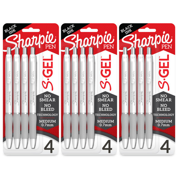 Sharpie S-Gel, Gel Pens, Medium Point (0.7Mm), Pearl White Body, Black Gel Ink Pens, 4 Per Pack, 3 Packs SAN2126207-3