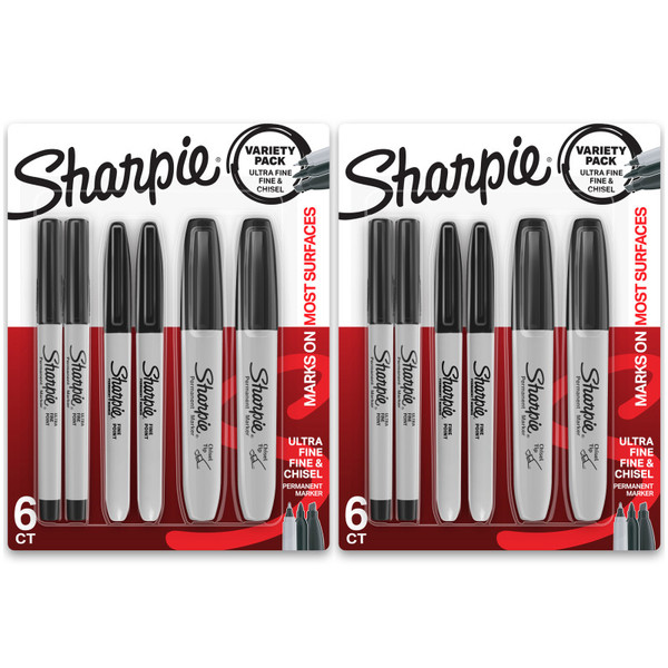 Sharpie Permanent Markers Variety Pack, Fine, Ultra-Fine, & Chisel-Point Markers, Black, 6 Per Pack, 2 Packs SAN2135318-2