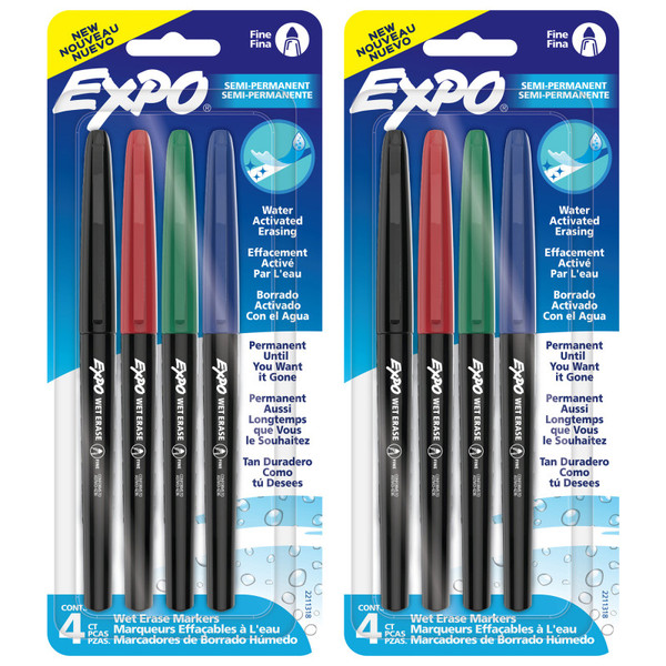 Expo Vis-A-Vis Wet Erase Markers, Fine Point, Assorted, 4 Per Pack, 2 Packs SAN2211318-2